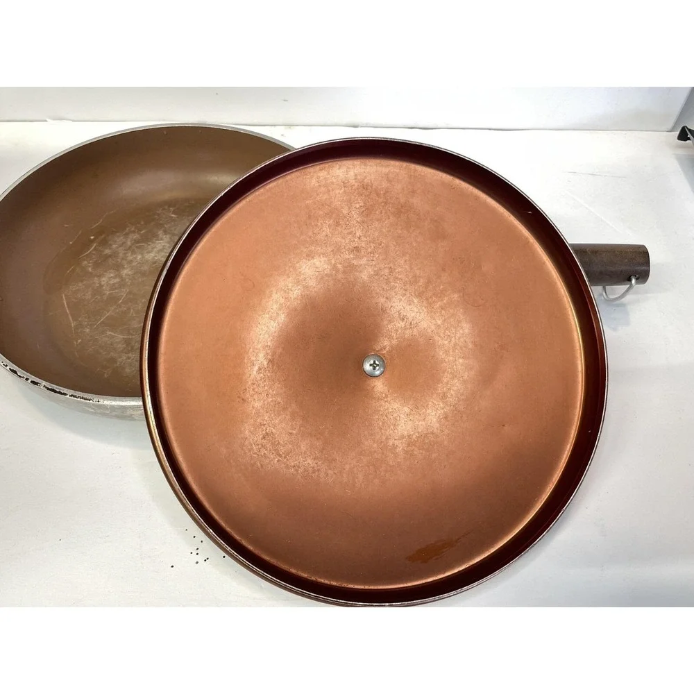 Wear-Ever‎ Aluminum Saute Skillet Copper Lid Non-Stick Wood Handle USA